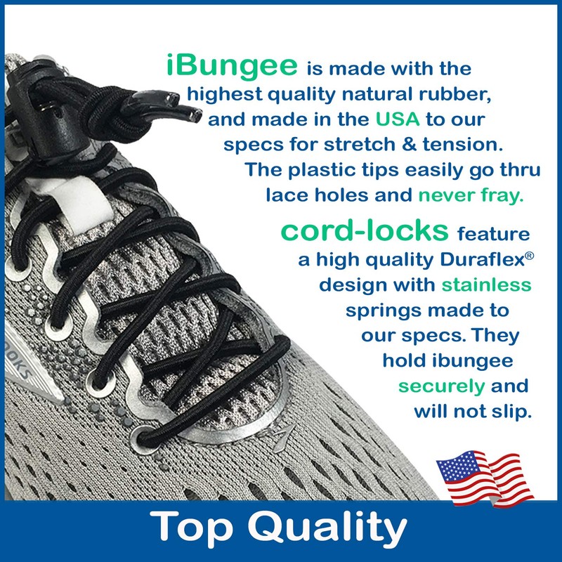 iBungee Cordones Elásticos 96 cm, Negros con Sujetador Negro