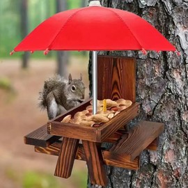 berjalan Wooden Squirrel Feeder Bird Pet Dining Table Bench Hanging Feeding Table Mini Umbrella Ornaments