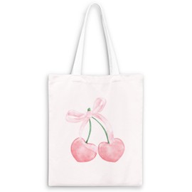 JWVK Pink Bow Cherry Tote Bag, Pink Preppy Canvas Tote Bag, Cherry Canvas Tote Bag Aesthetic, Preppy Trendy Gifts for Women, Coquette Stuff, Reusable Grocery Bags Shopping Bags