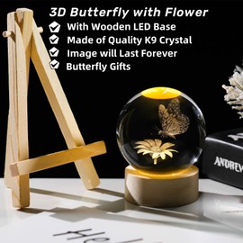 Arikyrist 3D Crystal Butterfly Figurines with Wooden Base, 3D Butterfly Crystal Ball Night Light Collection Gifts, Home Decor
