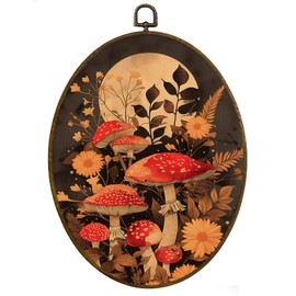 MAQIKA Vintage Fall Mushroom Oval Framed Wall Art Decor,Mushroom Wall Decor, Dark Cottagecore Oval Wall Hanging Decor, Fall Botanical Decor Canvas Prints Wall Art for Kitchen Bathroom Home, 10x10 Inch