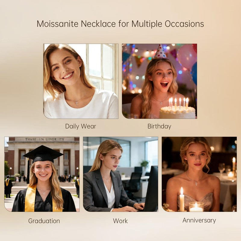Moissanite Cross Necklace with Crown, 925 Sterling Silve Pendant for
