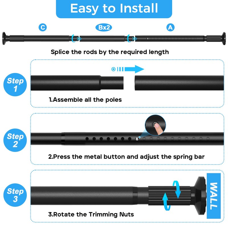 AIZESI Black Tension Curtain Rod 51-144In (4.25-12Ft), Extra Long No-Drill