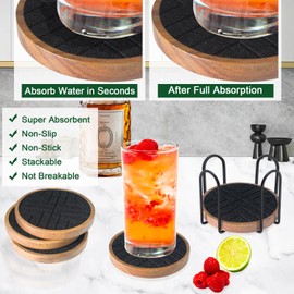 EDEGG Coasters for Drinks Absorbent 5 Pack, Coasters for Coffee Table with Holder, Wood Coasters with Felt Pads, Non-Slip, Non-Stick, Suit for Kinds of Cups 4.3 inch (Black Series)