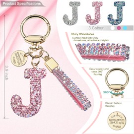 Pink Blue White Initial Letter Keychain Gift for Women Girls Bling Sparkly Cute Backpack Car Key Accessories Lanyard(J-pink diamond)
