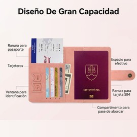 Porta Pasaporte Rosa, con Bloqueo RFID, Cuero PU Impermeable