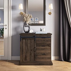 BELLEZE Farmhouse Sideboard Buffet with Sliding Barn Door, Three Drawers & Two Shelves, Kitchen Storage Cabinet - 31.5 Inch - Ashford (Dark Walnut)