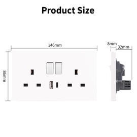 JIMEIDA Double Switched Socket White 13 Amp with USB-A And Type-C Charging Ports PC Panel Wall Outlet Power Socket
