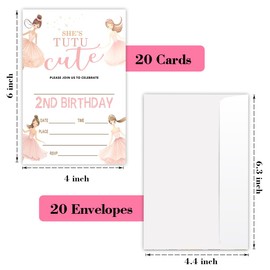 Happiness Tutu Cute Ballerina 2nd Birthday Invitation Ballet Birth Day Party Invite Cards Dance Birthday Invitation 20 Parties Invitations with Envelopes Birth Day Party Decoration Supplies -L802