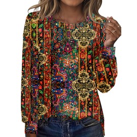 LOMON Womens Long Sleeve Shirts Dressy Casual Loose Fit Basic Tops Trendy Fall Fashion Winter Clothes 2025(Black Nation Print,XXL)