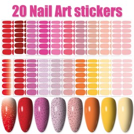 WOKOTO 20 Sheets Cute Nail Polish Strips Stickers, Solid Pink Red Yellow Full Nail Wraps, Self-Adhesive Gel Nail Stickers with Nail File for Women & Girls, Easy to Apply Stick On Nails