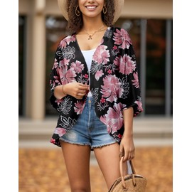 Womens Sheer Chiffon Kimono Jacket Open Front Loose Fit Boho Style Casual Cardigan Shawl Tops Black L