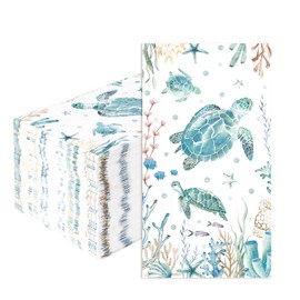 100 Pcs Coastal Turtle Paper Napkins 3 Ply Summer Ocean Green Sea Turtles Disposable Absorbent Hand Towels Coral Starfish Guest Bathroom Napkins for Holiday Beach Birthday Nautical Party Supplies