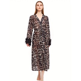 NICEYEA Women's Leopard Print Ruffle Floral Long Sleeve Belted Night Robe Bathrobe Sheer Nightgown Cover Up Bridesmaid Wedding Party Dressing Gown (UK, Alpha, One Size, Regular, Regular, A)