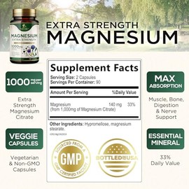 Nature's Nutrition Suplemento mineral de magnesio 1000 mg - Citrato de magnesio de alta potencia para la salud de los huesos, el corazón, los nervios y los músculos, complejo de magnesio de la natura