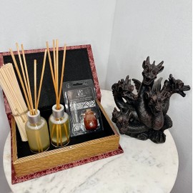 Hosley Cinnamon Roll Reed Diffuser Oil Gift Set in Red Storage Book Box with Resin Dragon Incense Cone Holder. Ideal Gift for Wedding Spa Reiki Meditation Bathroom Settings