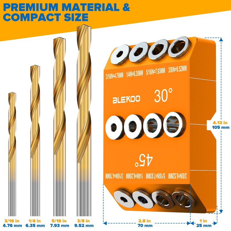 BLEKOO Orange Angled Drill Guide Jig with 4 Bits for