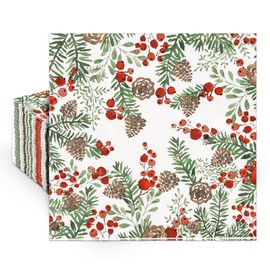 JarThenaAMCS 80Pcs Christmas Paper Napkins Berries and Pine Cone Disposable Napkins Xmas Luncheon Dinner Napkins for Winter Holiday Party Table Supplies