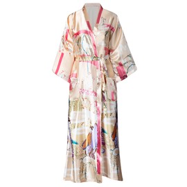 VintageClothing Women's Plus Size Satin Kimono Robes Long Floral Silky Loungewear Patterned Sleepwear Dressing Gown, 3X