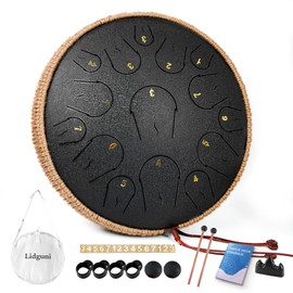 Steel Tongue Drum - 14 Inch 15 Note Tongue Drum - Hand Pan Drum with Music Book, Handpan Mallets and Carry Bag, C Major, Black