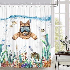 Funny Cat Shower Curtain, Cute Kitten Swimming in Teal Blue Ocean Sea Turtle Tropical Fish Jellyfish Starfish Coral Bathroom Curtain Kid Bathtub Decor Waterproof Machine Fabric Washable with Hooks