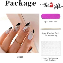 RUNRAYAY Golden Wave Nail Press Middle Man, Almond Prosthesis Nail with Swirl Design, Black and White Degree False Nail Tape Pattern, Female Acrylic, Pack of 24