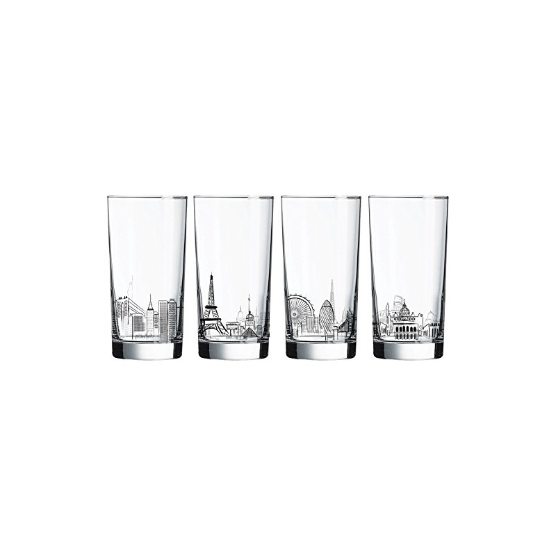 Luminarc 4 Piece Skylines 15.25 oz Assorted Decorated Coolers, Clear