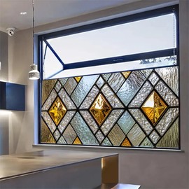 HOMETITUTE Gold Diamond Window Privacy Film 39.3x17.7 Inch Static Cling Decorative Stained Glass Window Film UV Blocking Frosted Glass Sticker Window Tint for Bathroom Door Panel