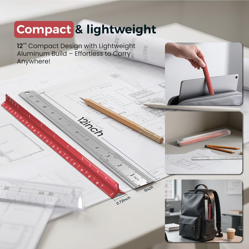 Architectural Scale Ruler 12 Inch, Aluminum Architect Ruler & Metal