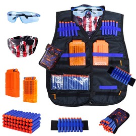 WORKER Children's Tactical Vest Kit for Nerf Guns N-Strike Elite Series with 40 Balls Refill Darts, 2 Recharge Clips, Dart Bag, Tactical Masks, Hand Bracelet and Goggles for Boys, black