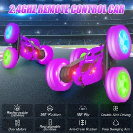 Hamdol Remote Control Car for Kids Stunt RC Cars with Cool Wheel Lights Double-Sided Driving 360-degree Rotation Boys Toys for Ages 6 7 8 9 10-12 Kids Gift Ideal(Purple)
