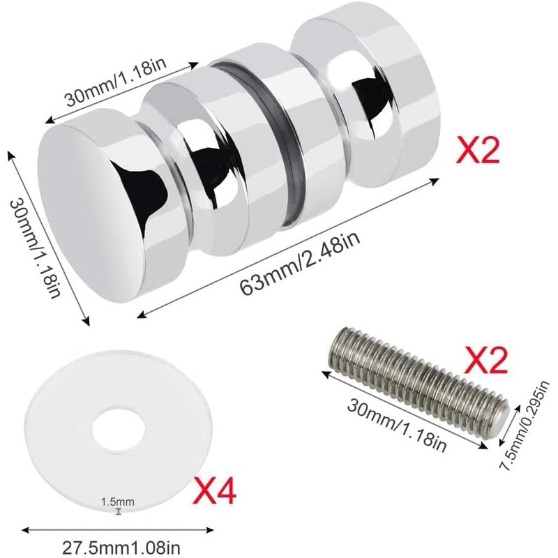 2 Pieces Round Glass Shower Door Knob - Stainless Steel