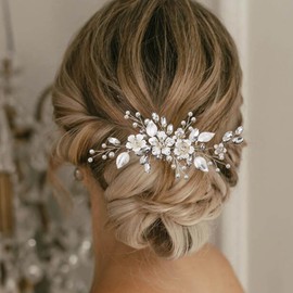 ALUINN Silver Bridal Hair Comb For Wedding Hair Accessories, Crystals Bridal Hair Comb Piece, Pearls, Leaves Hair Piece for Brides, Women