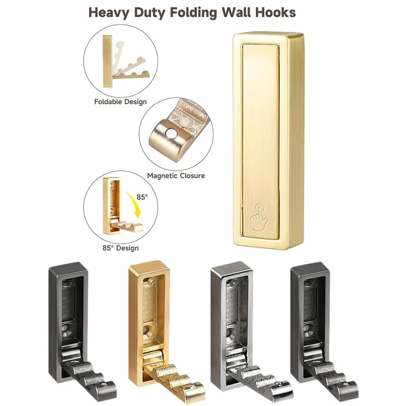 LALOCAPEYO 4-Pack Foldable Heavy-Duty Zinc Alloy Wall Hooks, Space-Saving Retractable