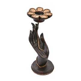 AeraVida Reaching Hand Holding Flower Rain Tree Wood Candle Holder