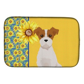 Caroline's Treasures WDK5435DDM Summer Sunflowers Brown White Wirehair Jack Russell Terrier Dish Drying Mat Absorbent Dish Drying Mat Pad for Kitchen Counter Dish Drainer Mat for Countertop, 14 x 21",