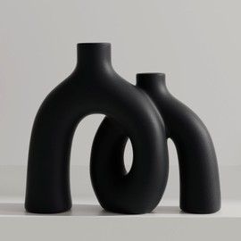 Juego de Jarrones Negros Mate - Jarrones de Cerámica Estética de Dona Hueca Abrazadora para Decoración del Hogar, Jarrón Decorativo Moderno Nórdico Minimalista para Centro de Mesa, Estantería, Oficina