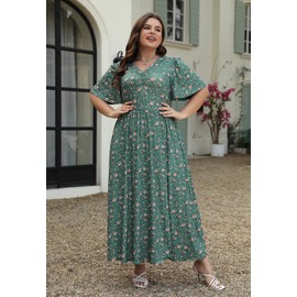 Keluummi Plus Size Wedding Guest Maxi Dress for Curvy Women, Summer Casual Boho Floral Long Dress with Empire Waist(24 Plus, Green Floral)