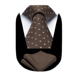 HISDERN Mens Ties Brown Polka Dot Ties and Pocket Square Set Classic Woven Silk Necktie Handkerchief Formal Wedding Party Dress Neckties for Men