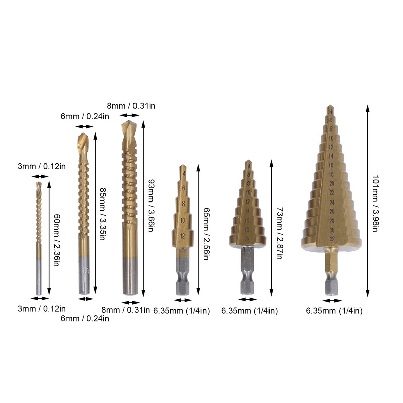 3Pcs Step Drill Bit Hex Shank Straight Grooved HSS Ti