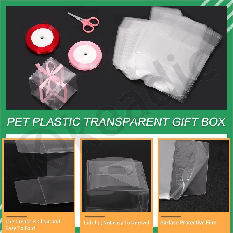 Keadic 33Pcs Clear Square Favor Boxes with Gift Ribbons, Scissors,