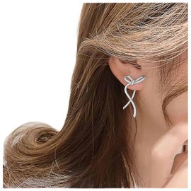 Cimenexe Bohemian Crystal Bow Ear Jacket Earrings Silver Bowknot Stud Earrings Tiny Cz Bow Jacket Earrings Rhinestone Bow Tie Earrings Jewelry for Women and Girls