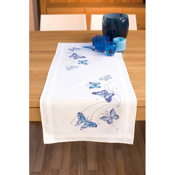 Vervaco Cross Stitch Table Runner Kit Blue Butterflies 16" x