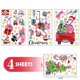 Mfault Merry Christmas Flamingo Window Clings 4 Sheets, Xmas Tree Red Truck Believe Stickers Decals Decorations, New Year 2025 Party Home Kitchen Decor Holiday Gifts