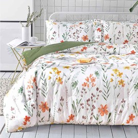 7 Pcs Queen Size Comforter Set with Sheets, White Yellow Floral, Green Leaf Pattern Print Reversible Down Alternative Bed Sets - 90x90 Soft Microfiber Duvet Farmhouse Bedding in a Bag for Women Men