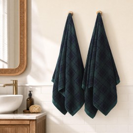 REDKISS 100% Cotton Bath Towels Set, Checkered Towel for Bathroom, Green