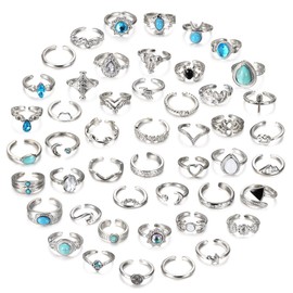 Subiceto 48Pcs Open Toe Rings Set for Women Men Adjustable Vintage Retro Knuckle Ring Bohemian Toe Finger Tail Ring Summer Beach Foot Jewelry Silver