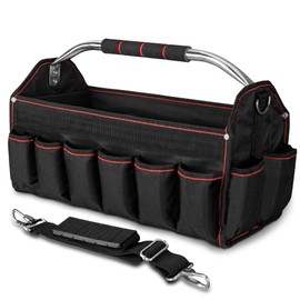 HAUTMEC 18" Foldable Tool Tote, Open Top Tool Bag with Removable Divider & Stiff Frame, 23-Pockets Electrician Tool Bag with Padded Steel Handle, Shoulder Strap & Water-Resistant Hard Base – HT0020