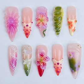 Petal Whispers, Stiletto Nails, Handmade Nail Set, Size M