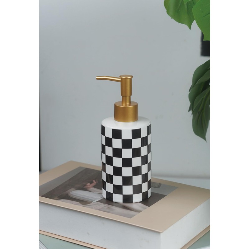 Checkered Ceramic Soap Dispenser White and Black,Liquid Lotion Dish Hand